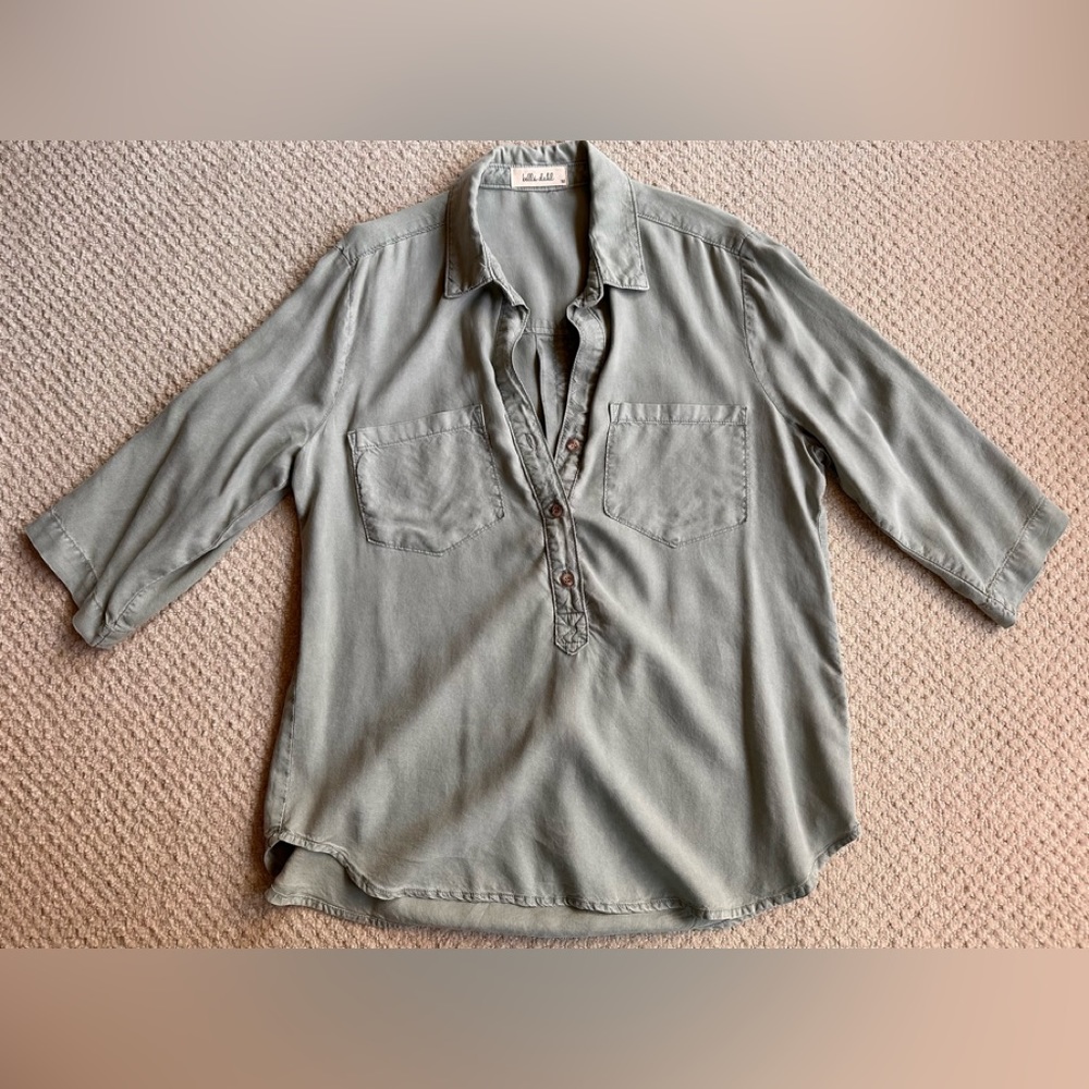 Bella dahl popover pullover top shirt button 3/4 sleeve size M olive green